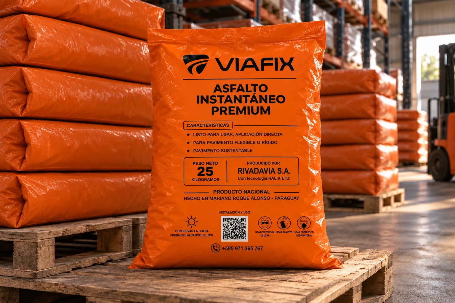 Bolsas de Viafix apiladas en pallets dentro de un depósito