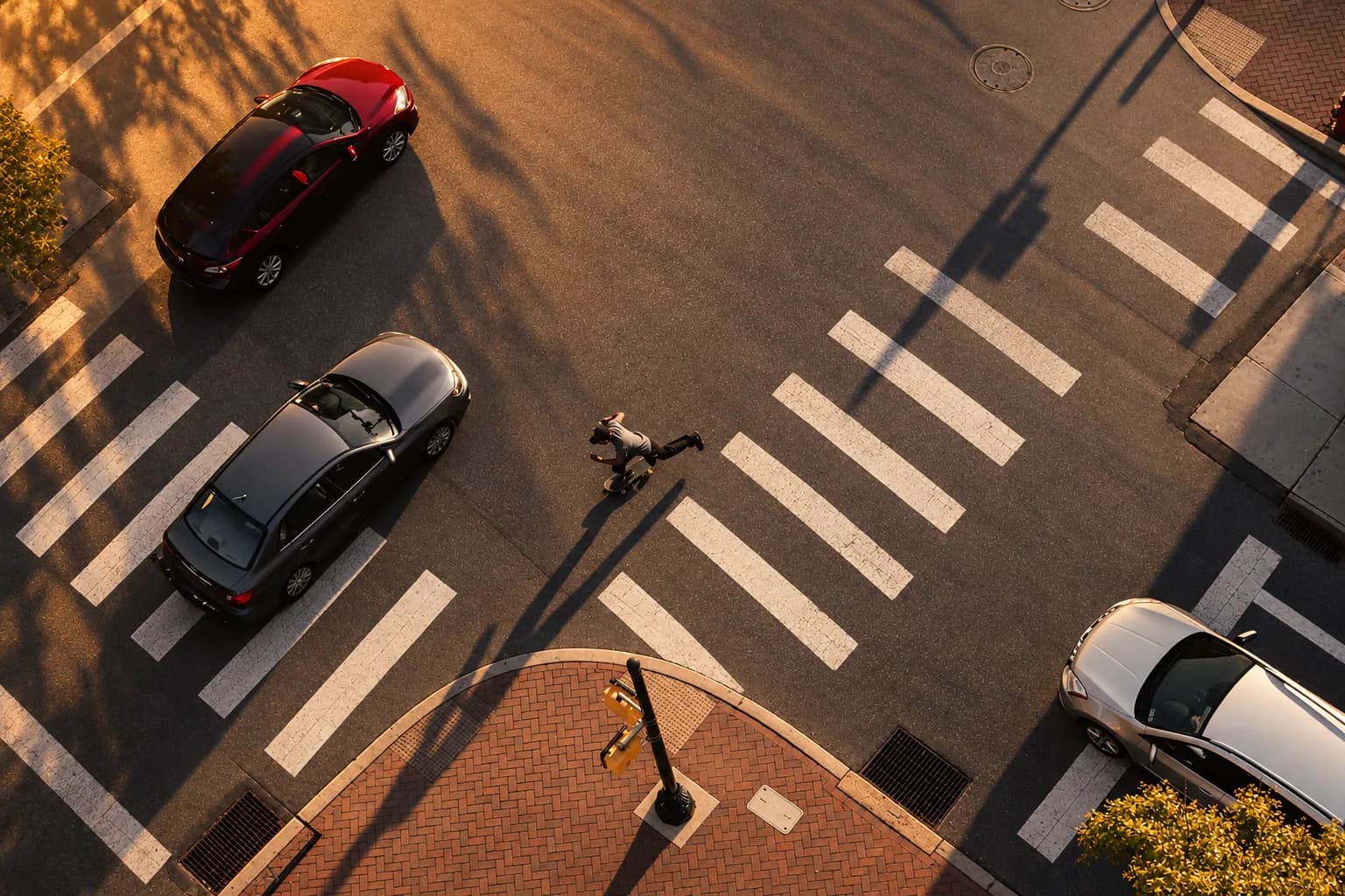 Vista aérea de una calle con autos y paso peatonal al atardecer