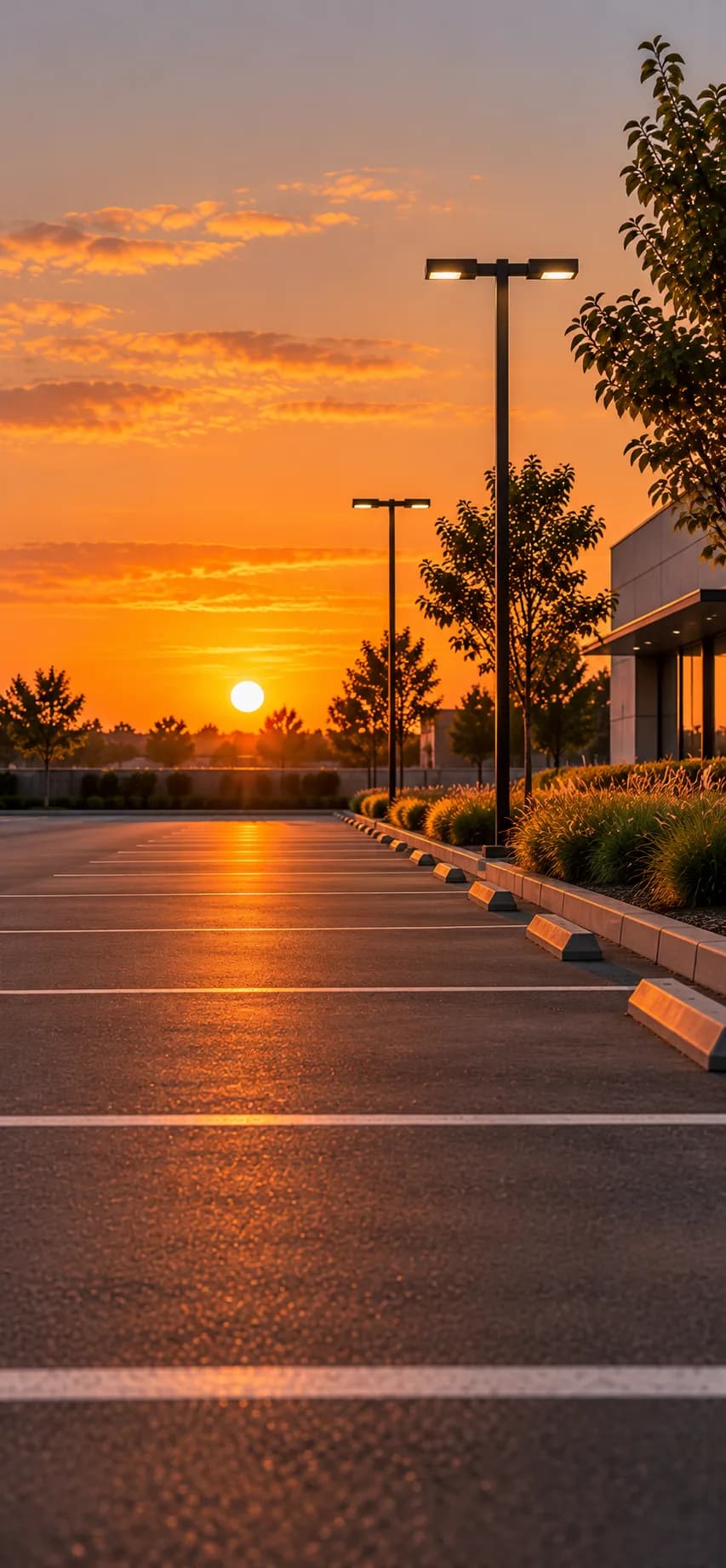 Estacionamiento asfaltado al atardecer